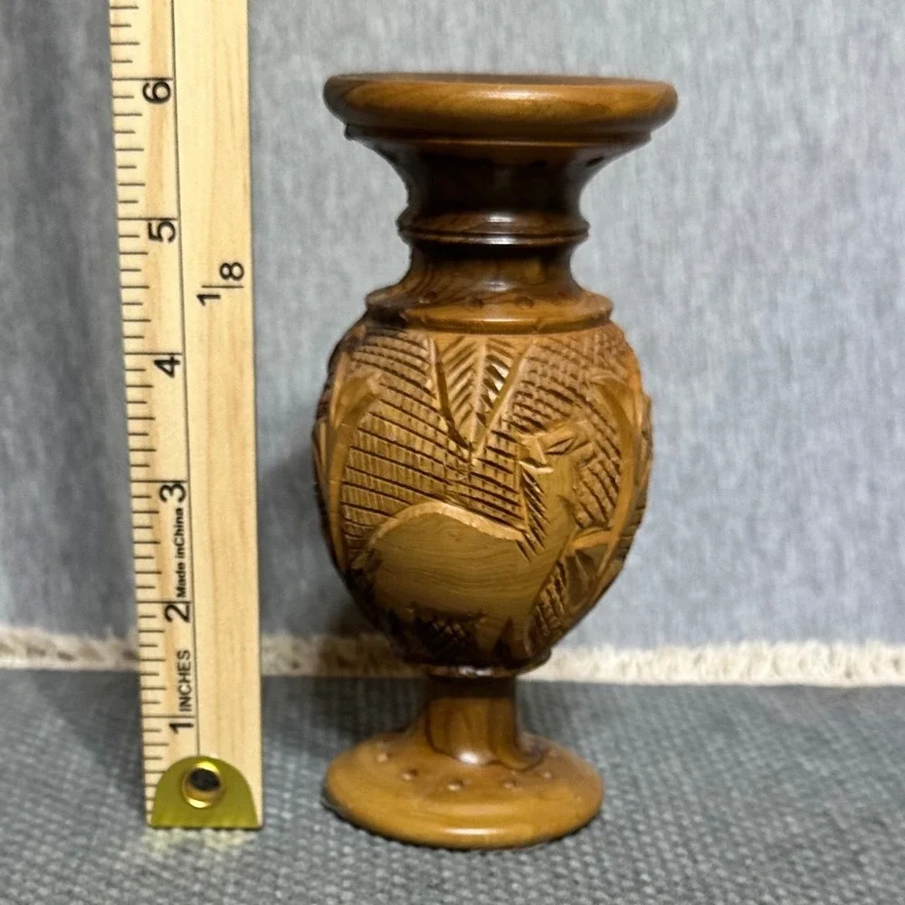 Vtg Hand Carved Boho Olive Wood Bud Vase Holy Land Gazelle Deer Animal Relief 6